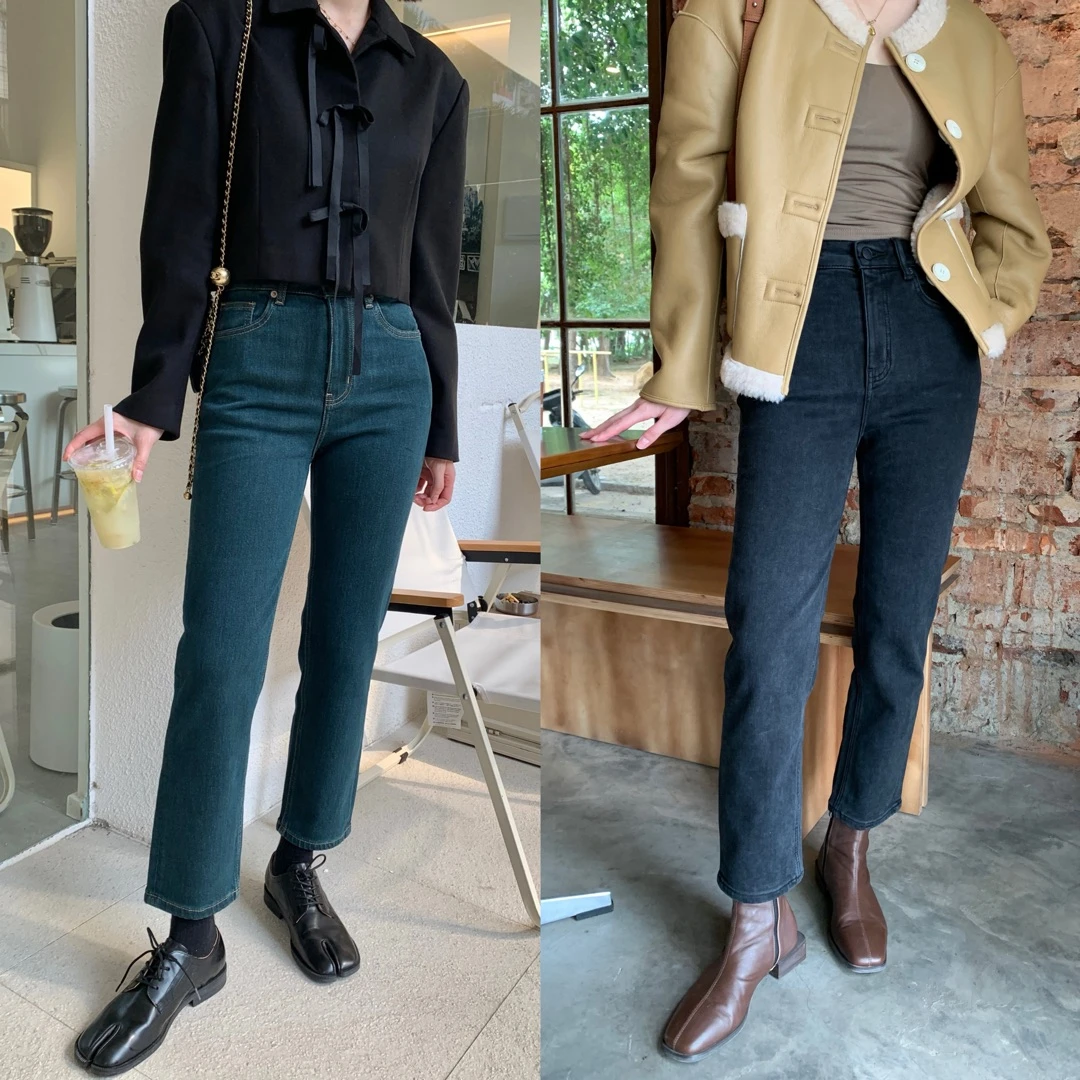 清货！低饱和弹力显瘦小直筒牛仔裤中高腰特绒保暖法棍裤女