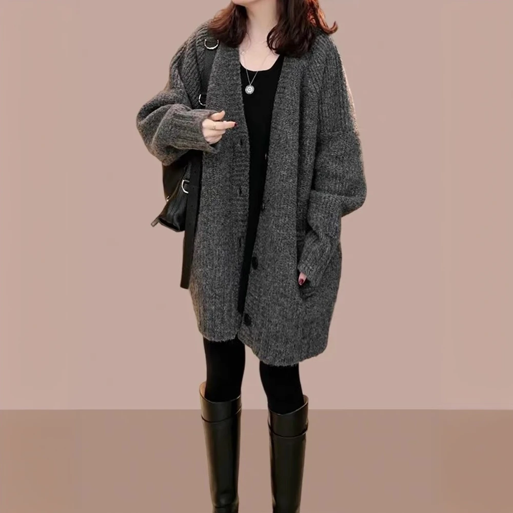 2024时尚百搭毛衣中长款洋气显瘦宽松大码休闲加厚开衫外套女秋冬