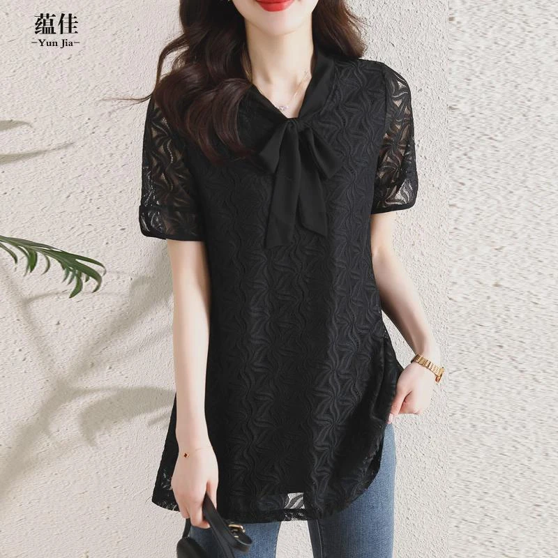 蝴蝶结蕾丝打底衫短袖时尚夏女装中长款大码胖小众漂亮小衫上衣