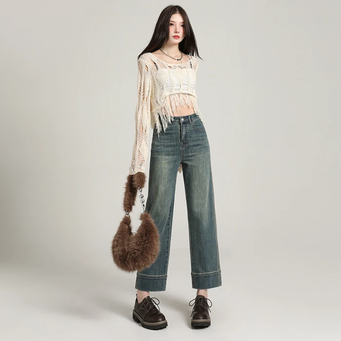 【木木夕】百搭九分直筒牛仔裤欧若风设计感高腰显瘦弹力时尚烟管裤