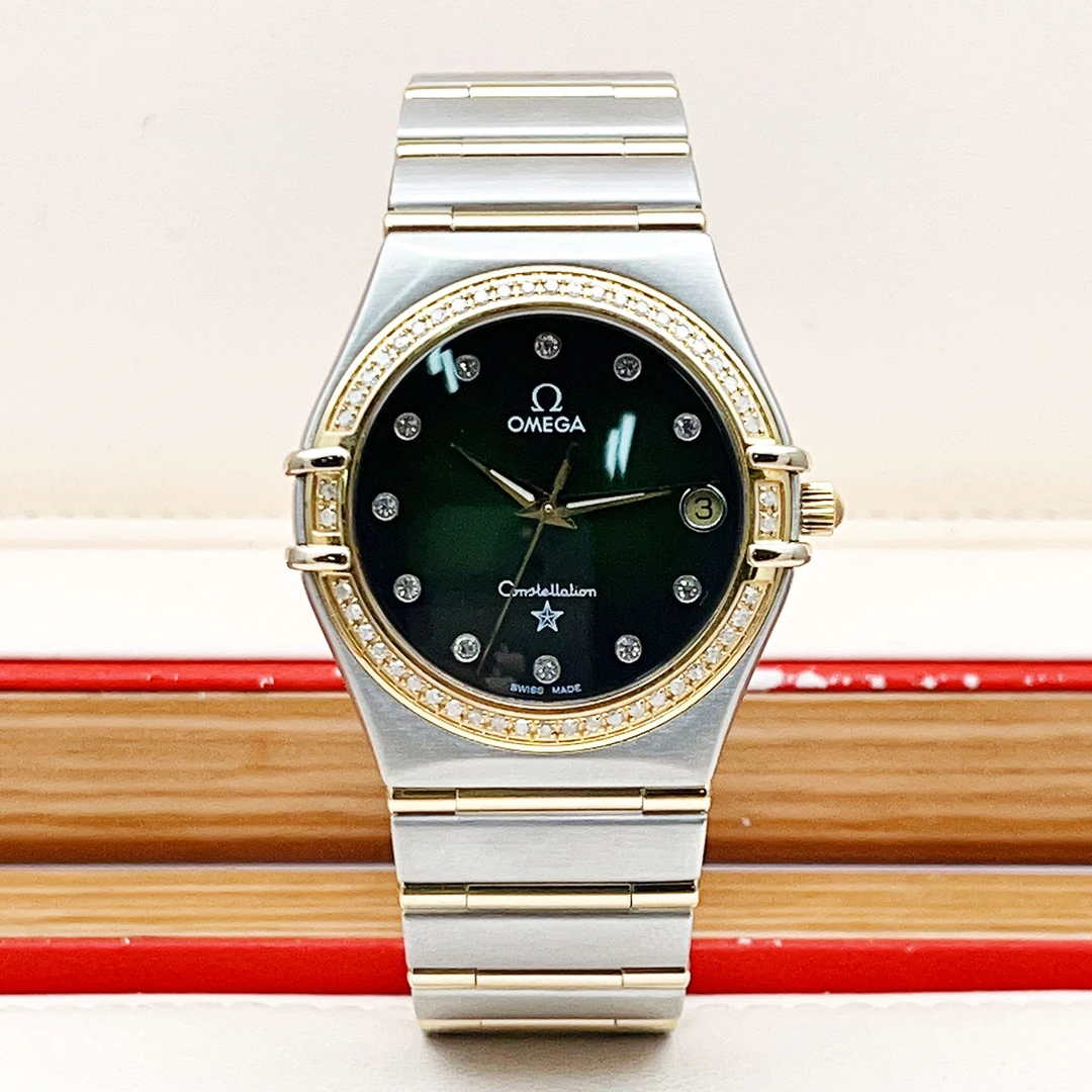 99新 Omega/欧米茄 星座系列暗夜绿盘石英女表33mm钻刻后钻