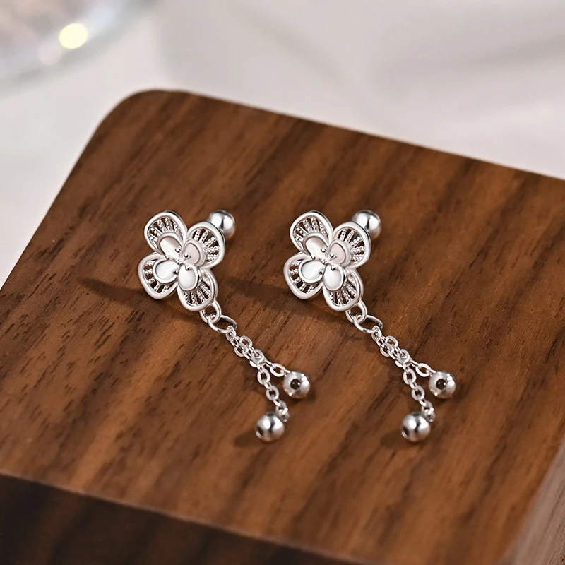 足银耳饰 足银花丝四叶草流苏耳钉女百搭纯银养耳洞耳饰E398