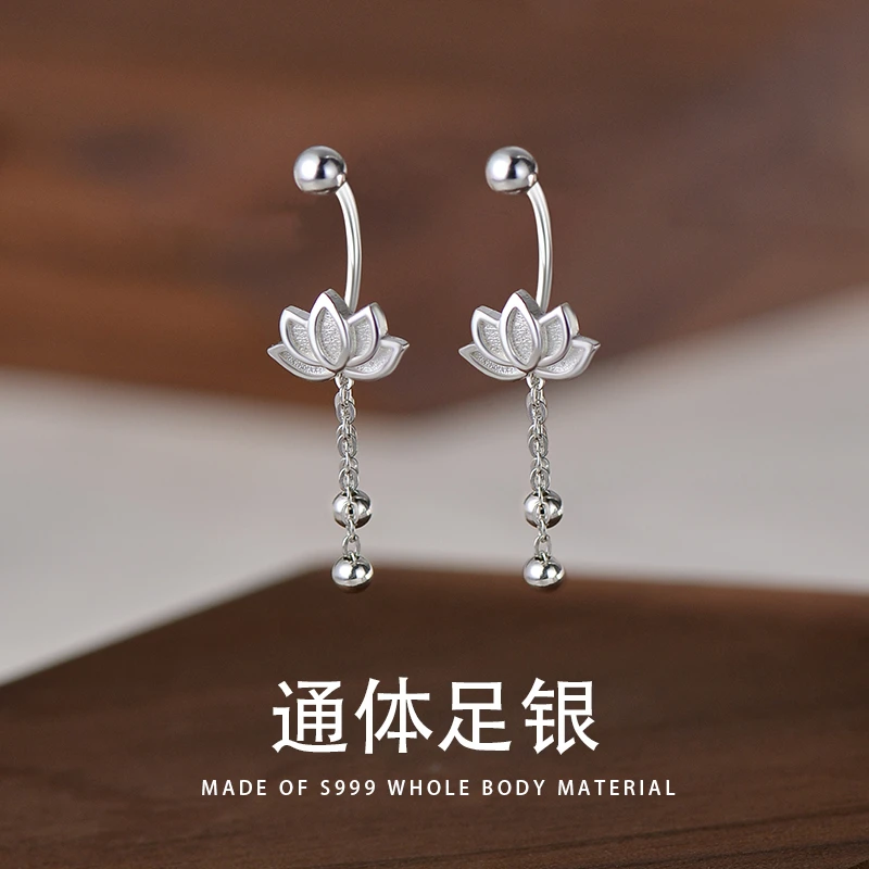 足银耳饰 S999纯银莲花耳钉女新款流苏足银耳环新中式耳饰E286