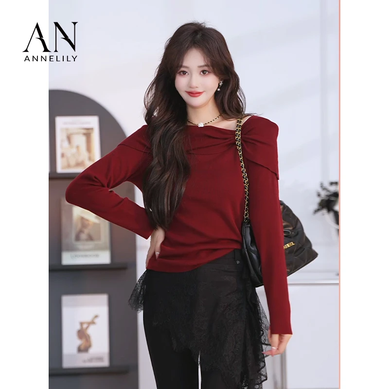 ANNELILY【红颜】新款设计感精致百搭重工针织露肩毛衣AC2409042
