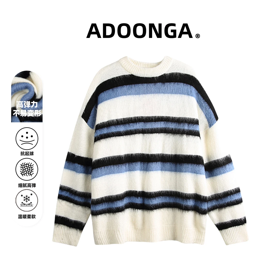 ADOONGA秋冬款条纹保暖毛衣男时尚宽松圆领拼色长袖上衣男女同款