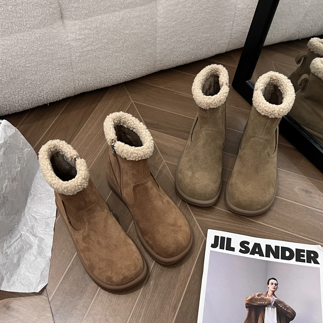 牛皮加绒拉链厚底雪地靴女冬季保暖棉靴防滑时尚高帮套脚中筒短靴