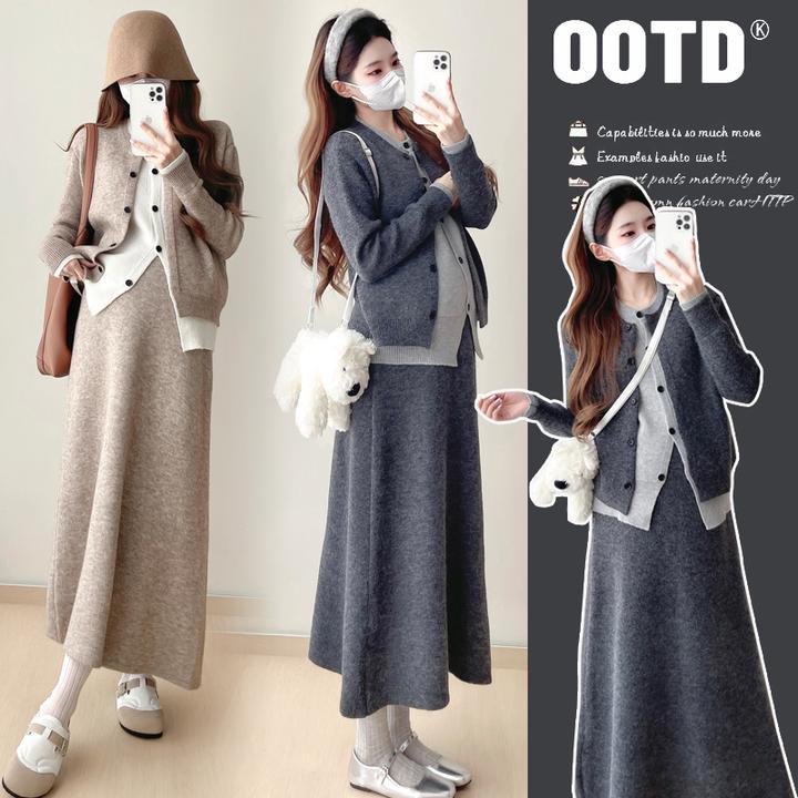 CC自制2024秋冬孕妈假两件拼接针织毛衣时尚宽松半裙套装