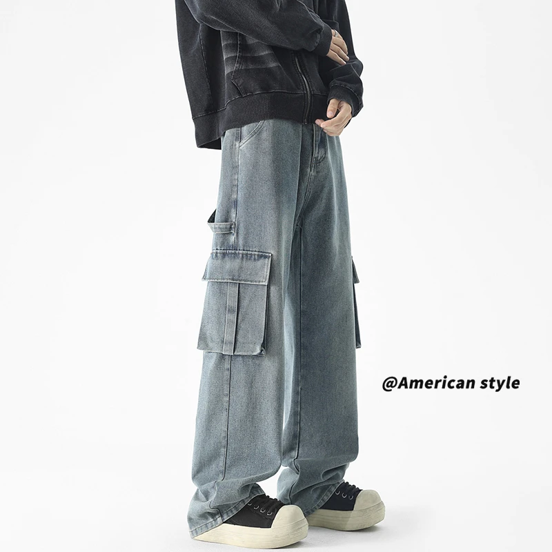 工装立体大口袋直筒牛仔裤男美式潮牌宽松阔腿复古高街潮流休闲裤