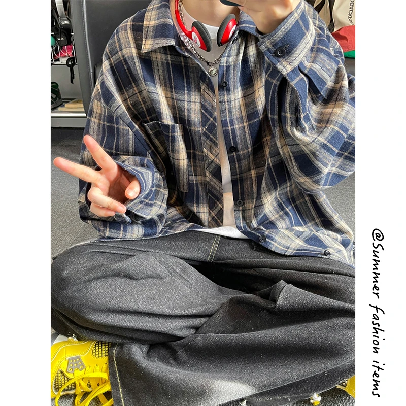 美式格子衬衫男款秋季潮牌百搭复古长袖衬衣高街休闲男女同款上衣