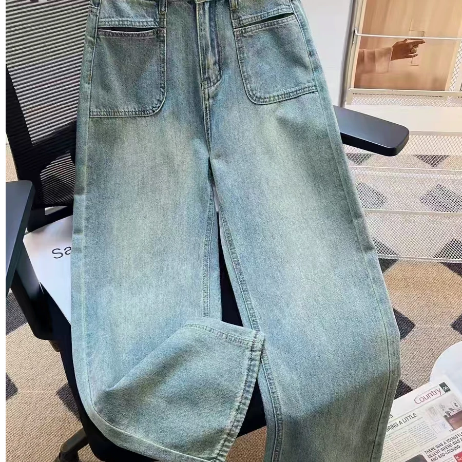 女生牛仔长裤直筒休闲百搭宽松渐变水洗显瘦潮流蓝色高腰破洞韩版