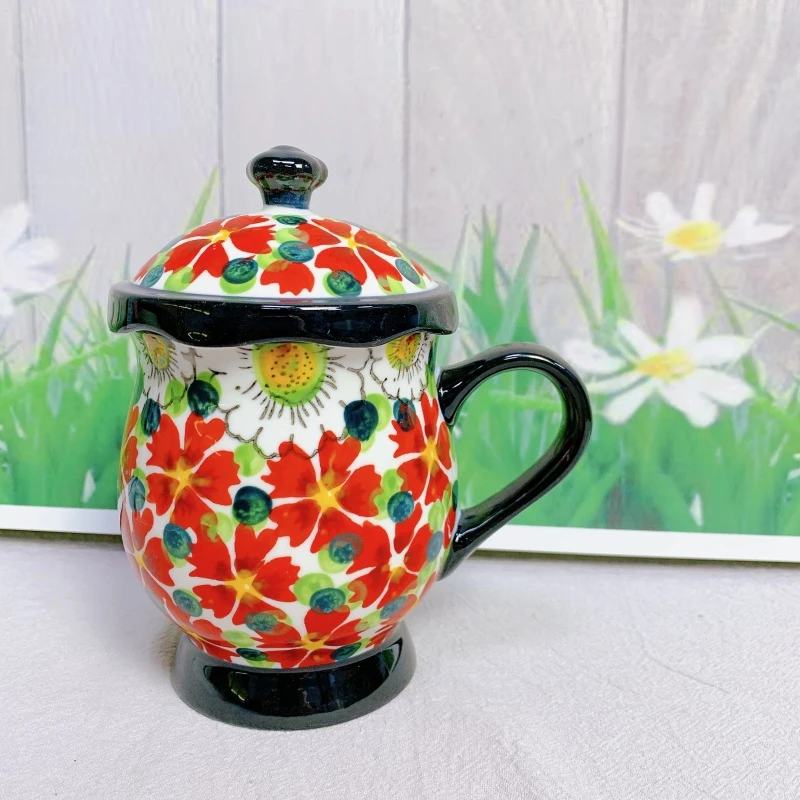 【欧礼】红堇系列茶杯带盖配茶漏手绘陶瓷马克杯