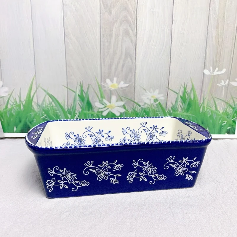 【欧礼】外贸陶瓷TE11英寸长方隔离浮雕蓝色烤盘