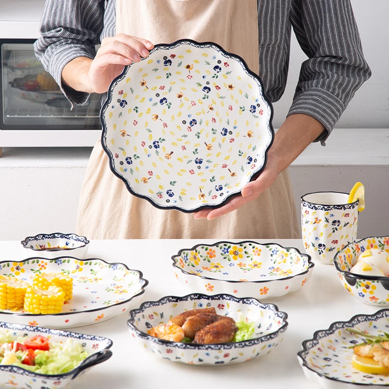 【欧礼】秋韵 波兰彩手绘陶瓷碗盘子家用双耳汤碗釉下彩餐具