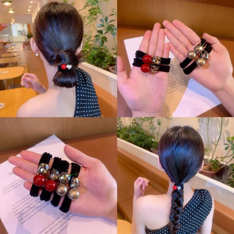 安可拉红头绳女高级感珠珠闪钻发圈网红气质丸子头发绳高弹力皮筋