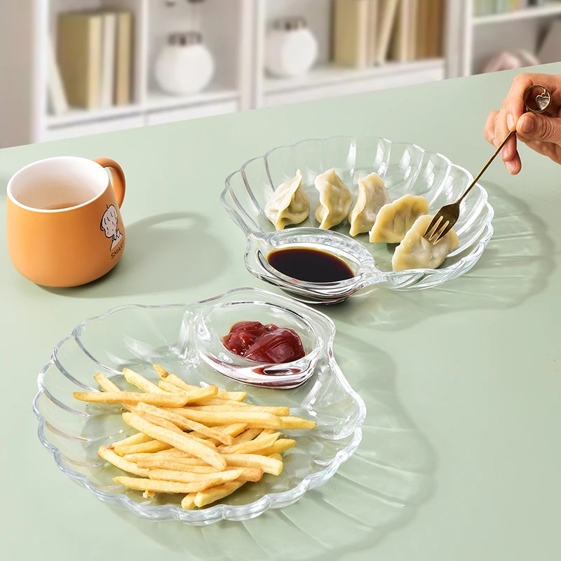 【2只装】玻璃饺子盘子带蘸料碟分格餐盘贝壳水饺盘创意水果盘