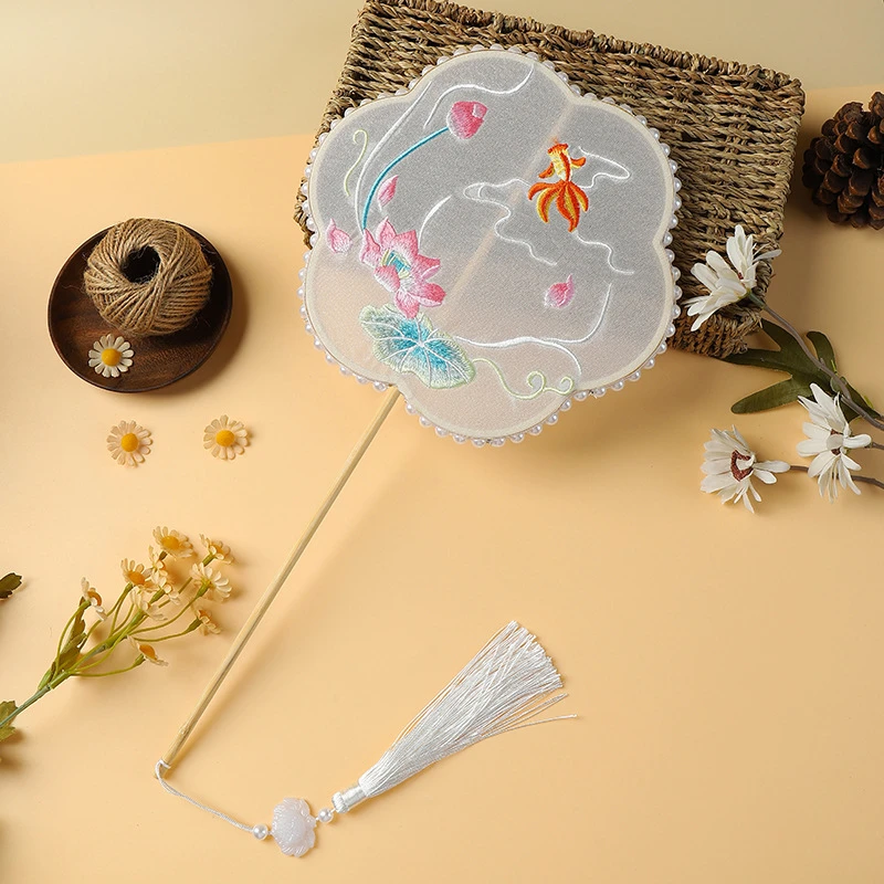 夏日荷花团扇古风扇子中国风便携刺绣圆形可爱汉服舞蹈扇苏绣宫扇