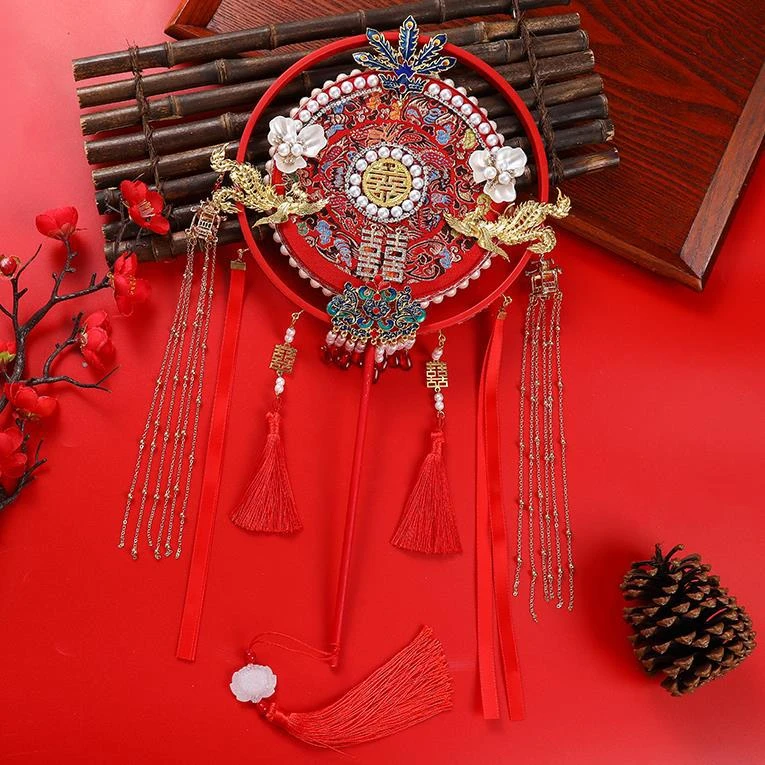 长柄双面喜扇明制汉服婚礼古风团扇新娘闺蜜礼物结婚高档中式扇子