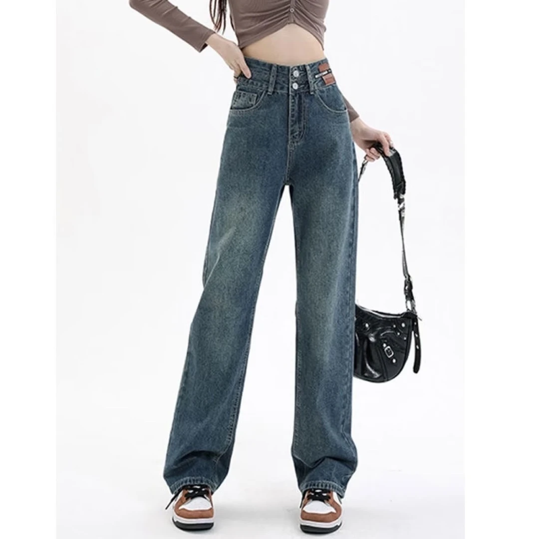 大码女装胖mm秋季新款长裤自然腰水洗宽松女阔脚裤潮流牛仔裤