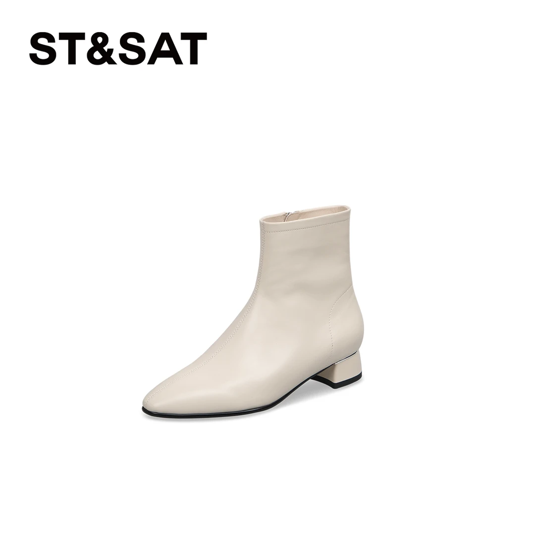 星期六经典素面时装靴秋冬季尖头中跟厚底短靴SSC4116P0H