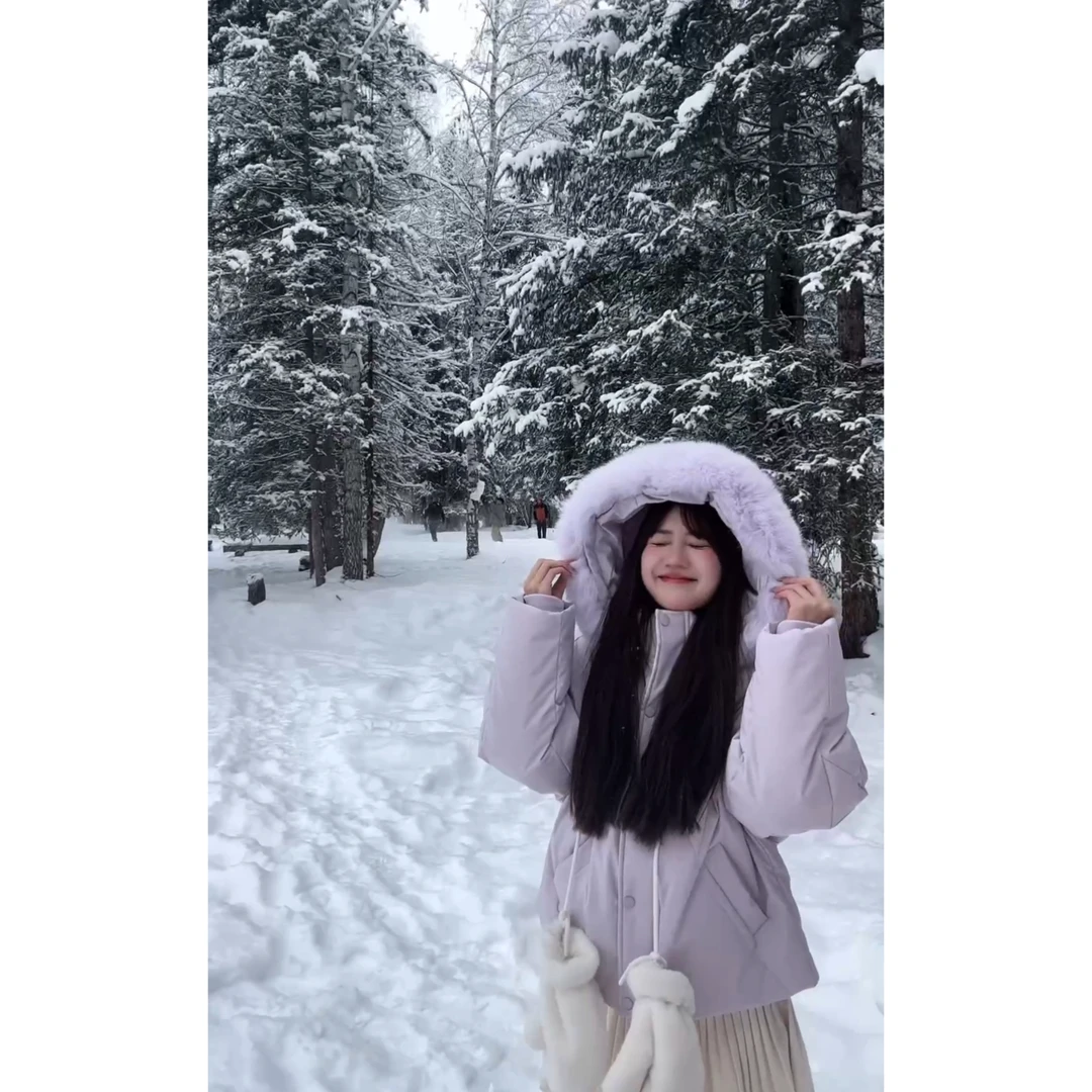 紫色连帽白鸭绒羽绒服外套女冬加绒加厚韩系小个子上衣