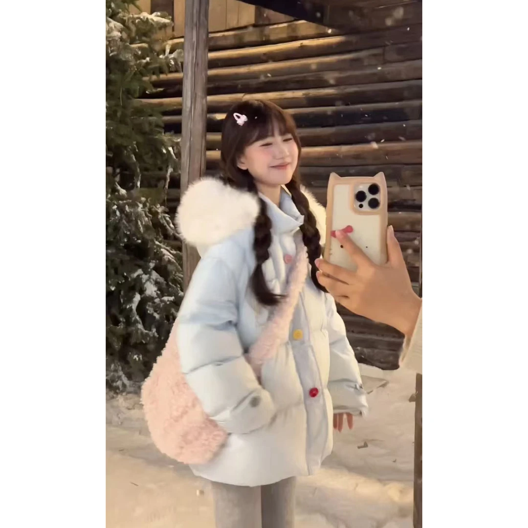 90白鸭绒设计感纽扣大毛领连帽棉服冬保暖羽绒服面包服中长款