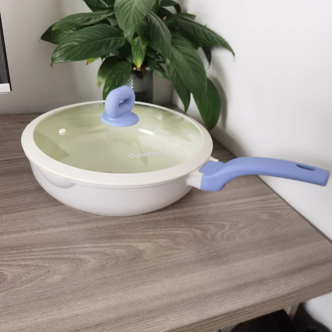 欧乐厨OuLechu28cm小豆陶瓷釉炒锅珍珠白高品质煎炒锅不挑灶具