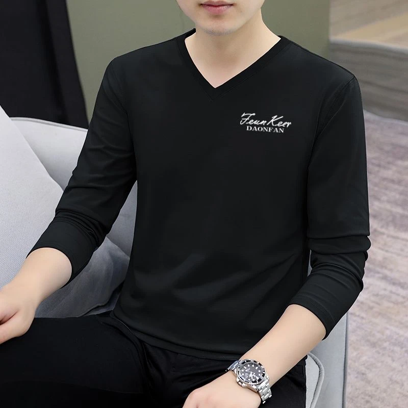 秋冬季新款时尚百搭打底衫男士印花内搭上衣V领修身长袖T恤男潮流