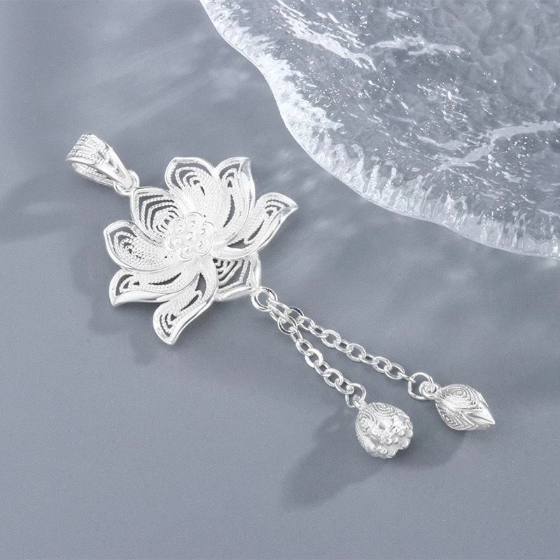 吊坠足银 足银990莲花流苏吊坠男女挂件民族风国潮轻奢爆款中国风