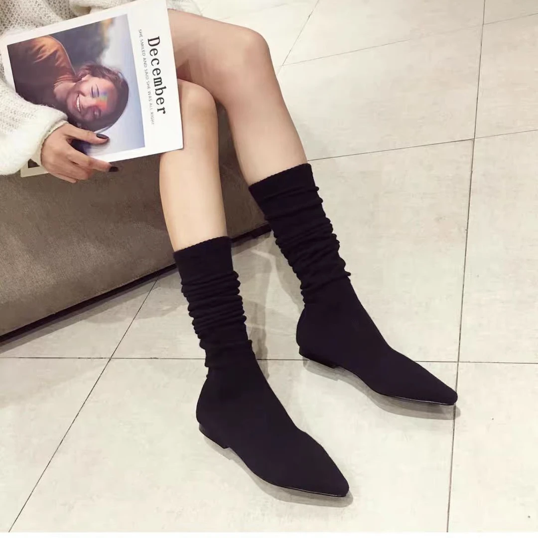 G62网红超火显瘦弹力靴尖头长靴平地针织毛线瘦瘦靴