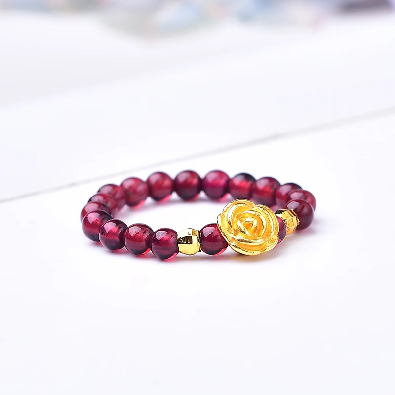 【黄金补贴】足金999玫瑰花搭配天然石榴石女士戒指(证书、礼盒)