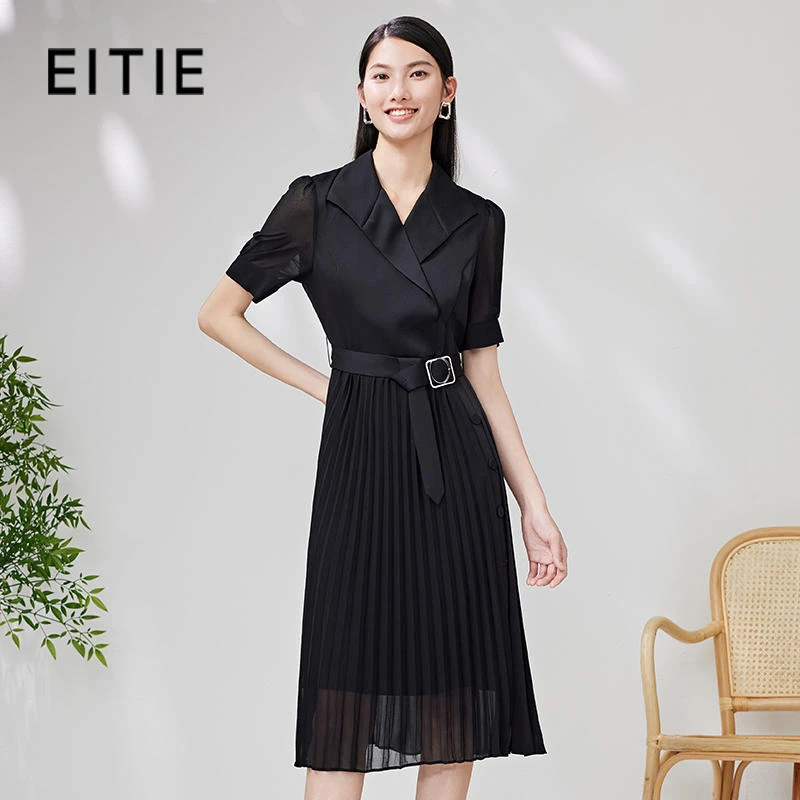EITIE/爱特爱夏季新款优雅收腰显瘦褶皱裙摆百褶连衣裙7007750