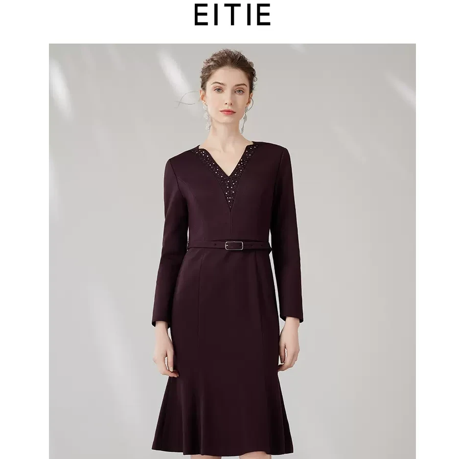 EITIE/爱特爱【雅丹老风】优雅气质V领显瘦束腰气质连衣裙女7207924