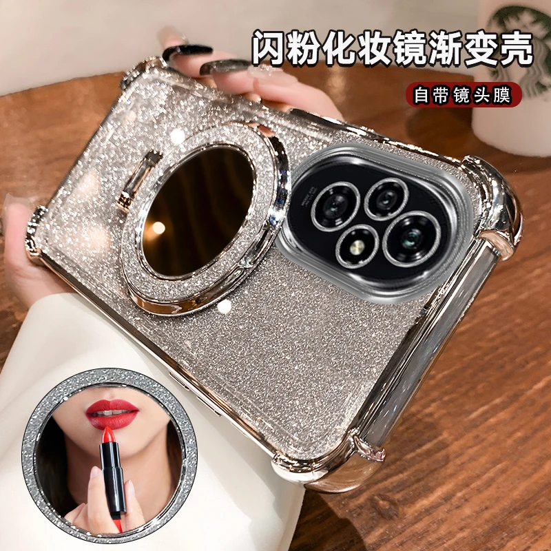 高档新款四角气囊防摔闪粉补妆镜支架适用荣耀200手机壳女200pro