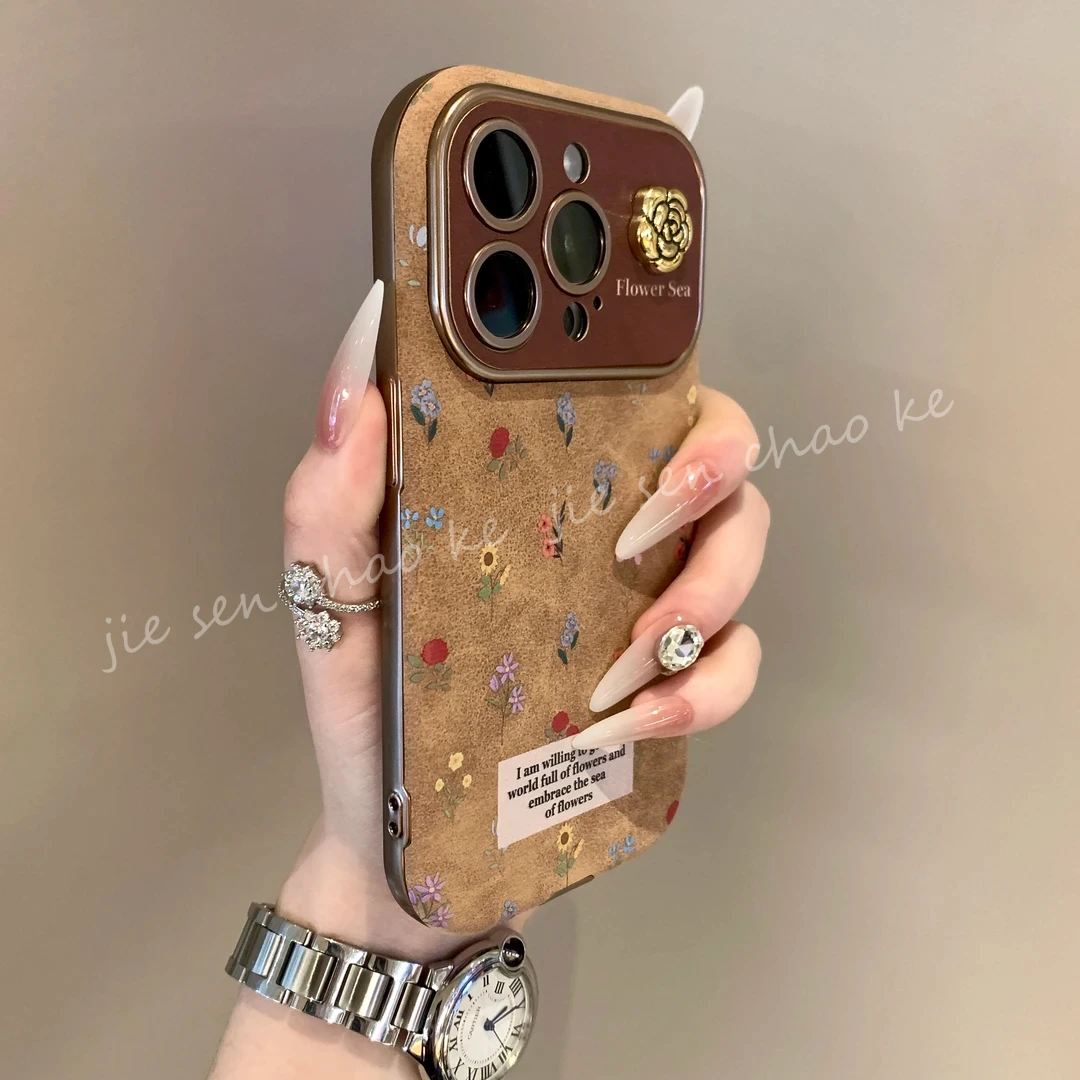 高级秋冬小碎花适用iPhone16手机壳防摔15Promax皮革14日系13创意