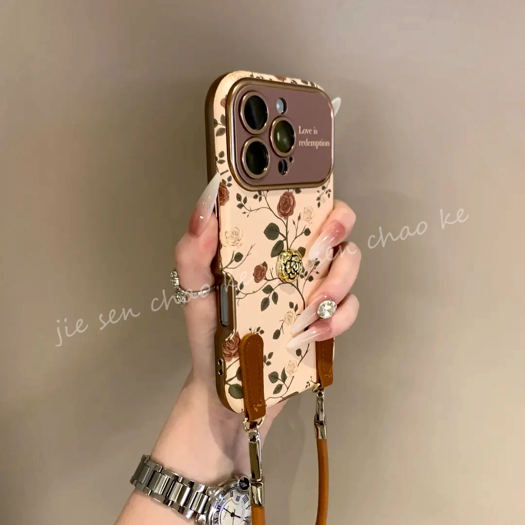 复古法式山茶花适用iPhone16手机壳15pro皮质软壳14/13高级感女款