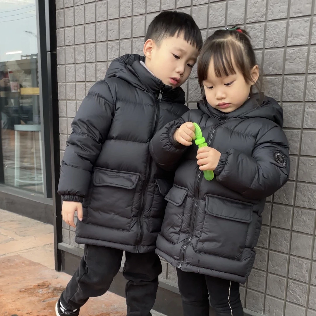 男女同款儿童羽绒服男童中长款加厚保暖女童连帽大童宝宝冬装外套