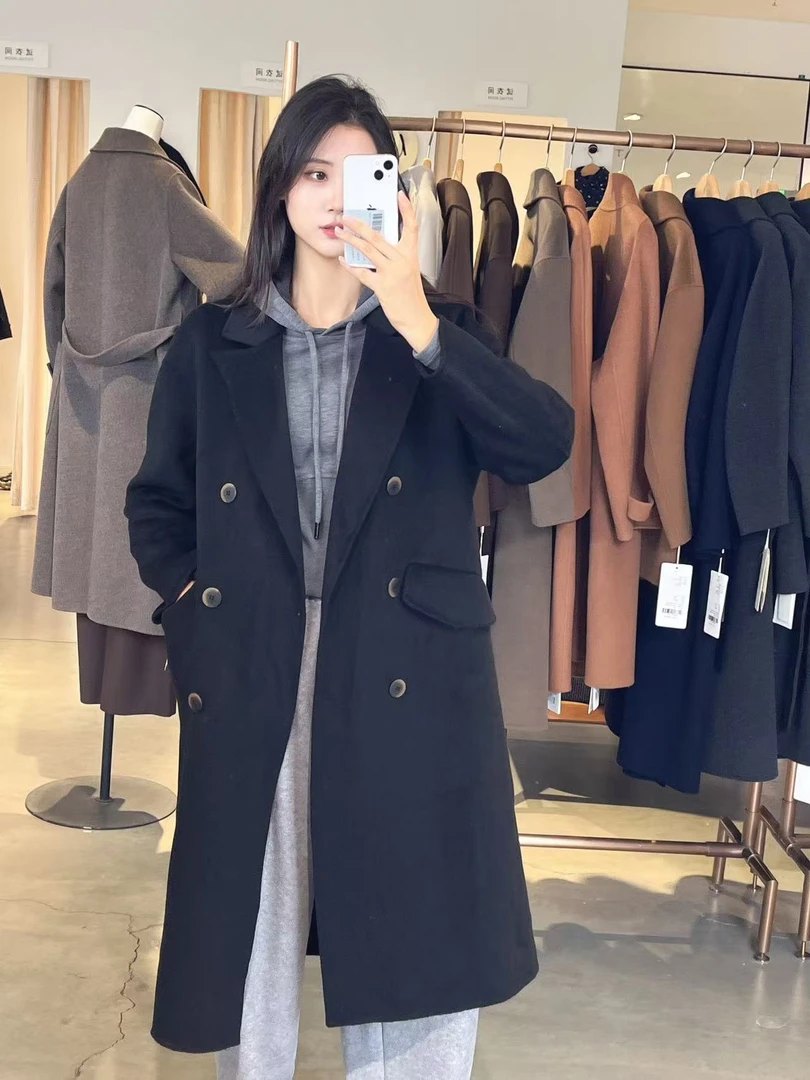 【华艺优选】韩版气质百搭纯色双排扣时尚中长款毛呢大衣女