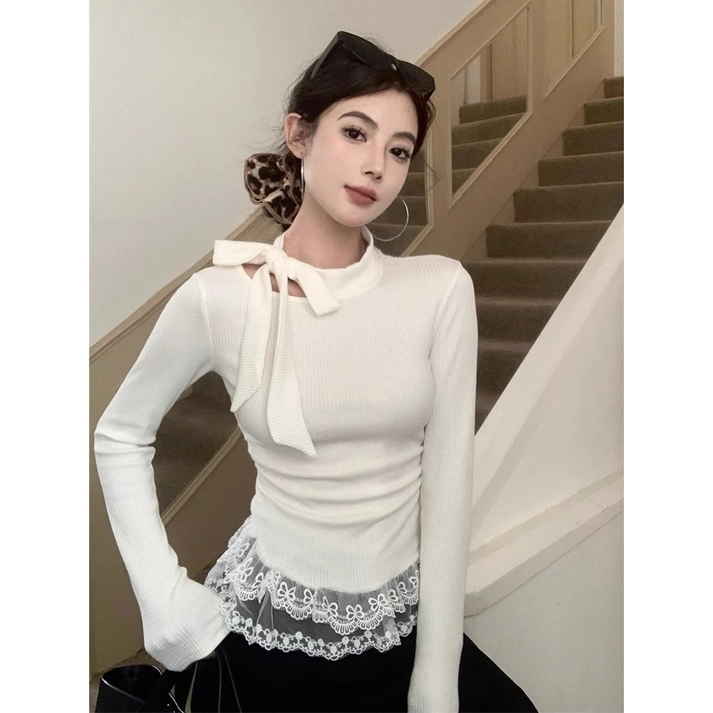 蝴蝶结系带圆领T恤女秋季蕾丝花边长袖内搭打底衫纯欲风修身上衣