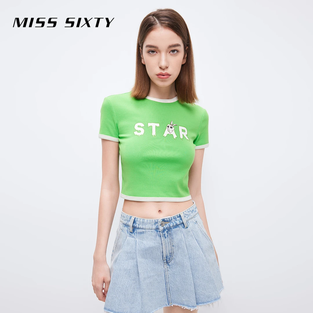 【绿色】Miss Sixty夏季短款显瘦撞色短袖修身辣妹T恤高能感