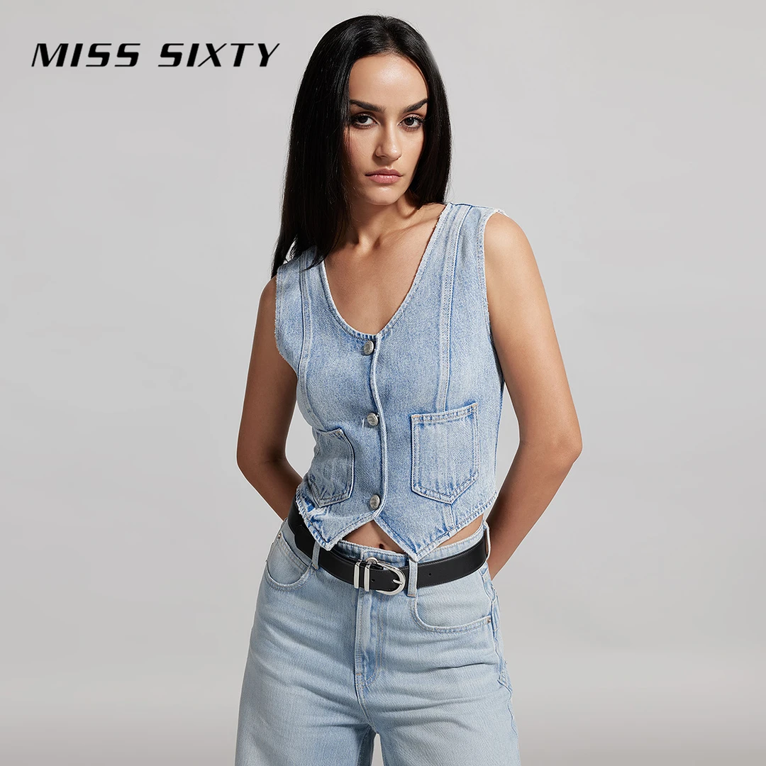 【贤哥专享】Miss Sixty夏季天丝牛仔马甲U型领无袖单排扣甜酷MS075