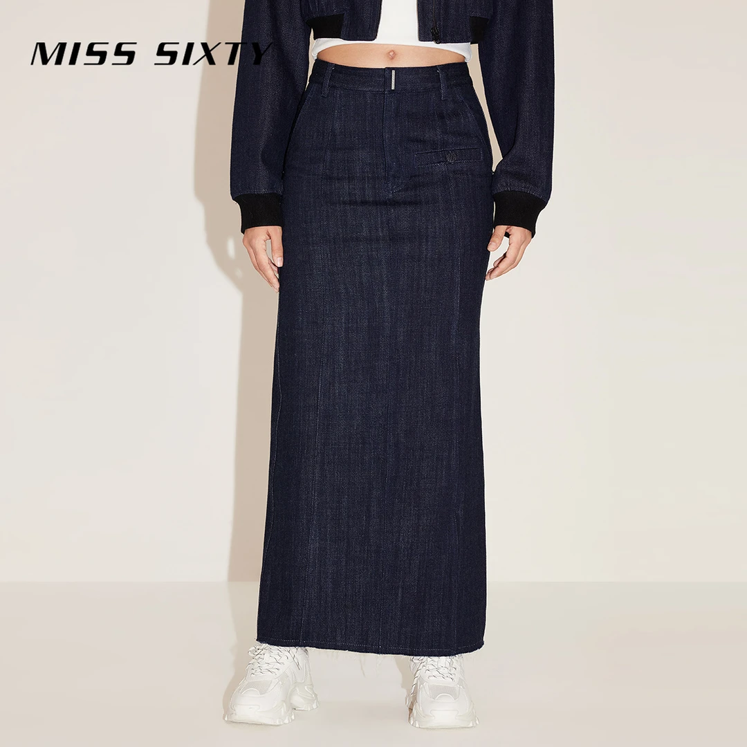 Miss Sixty秋季新款牛仔半身裙女复古简约设计开衩直筒裙长裙