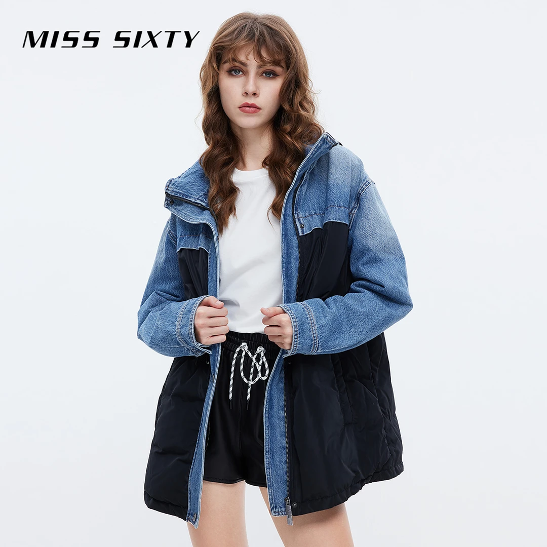 Miss Sixty牛仔羽绒外套女个性拼接显瘦中长款潮citywarm