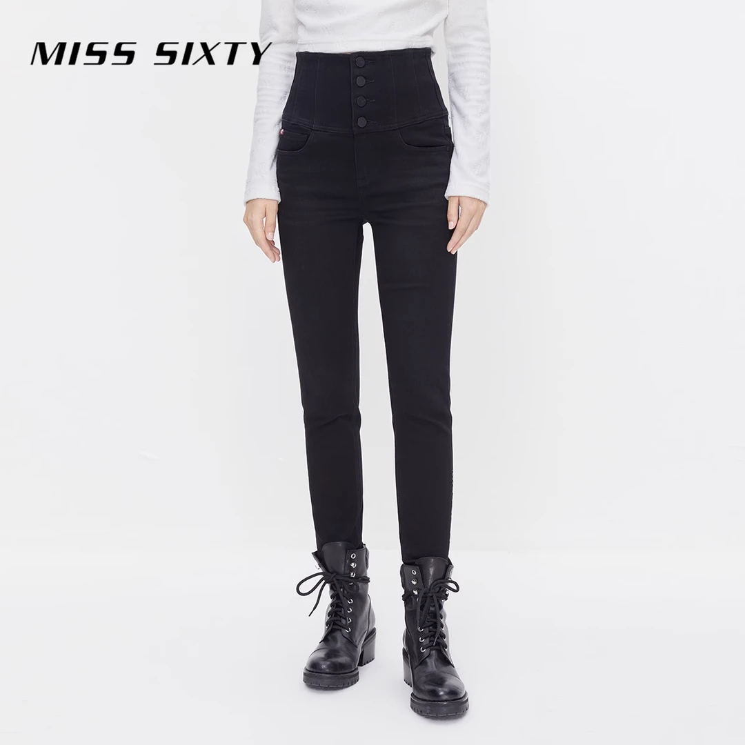 Miss Sixty牛仔裤高腰黑色显瘦加厚加绒