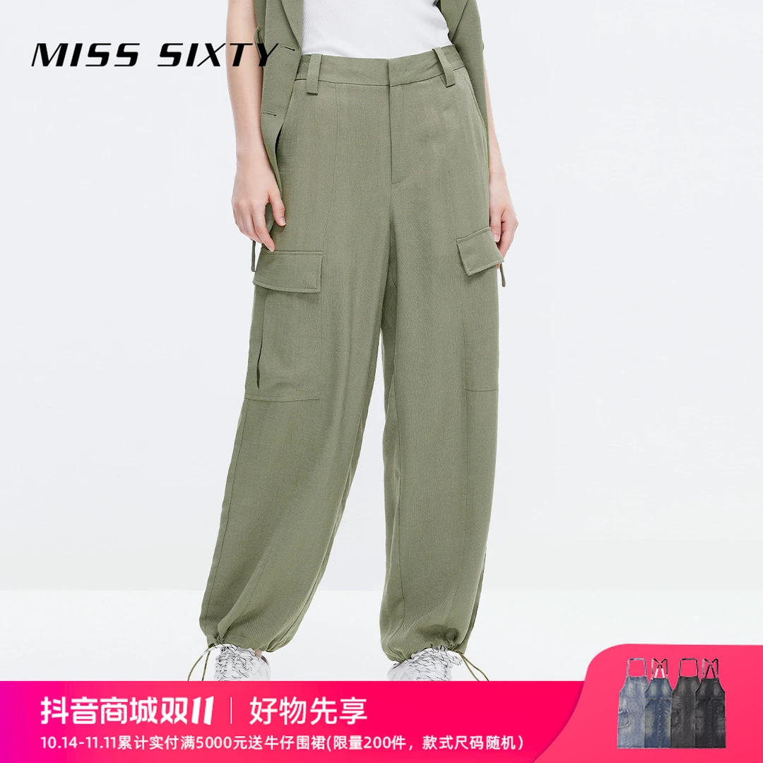 Miss Sixty休闲裤女高腰抽绳阔腿裤工装风长裤风感波粒