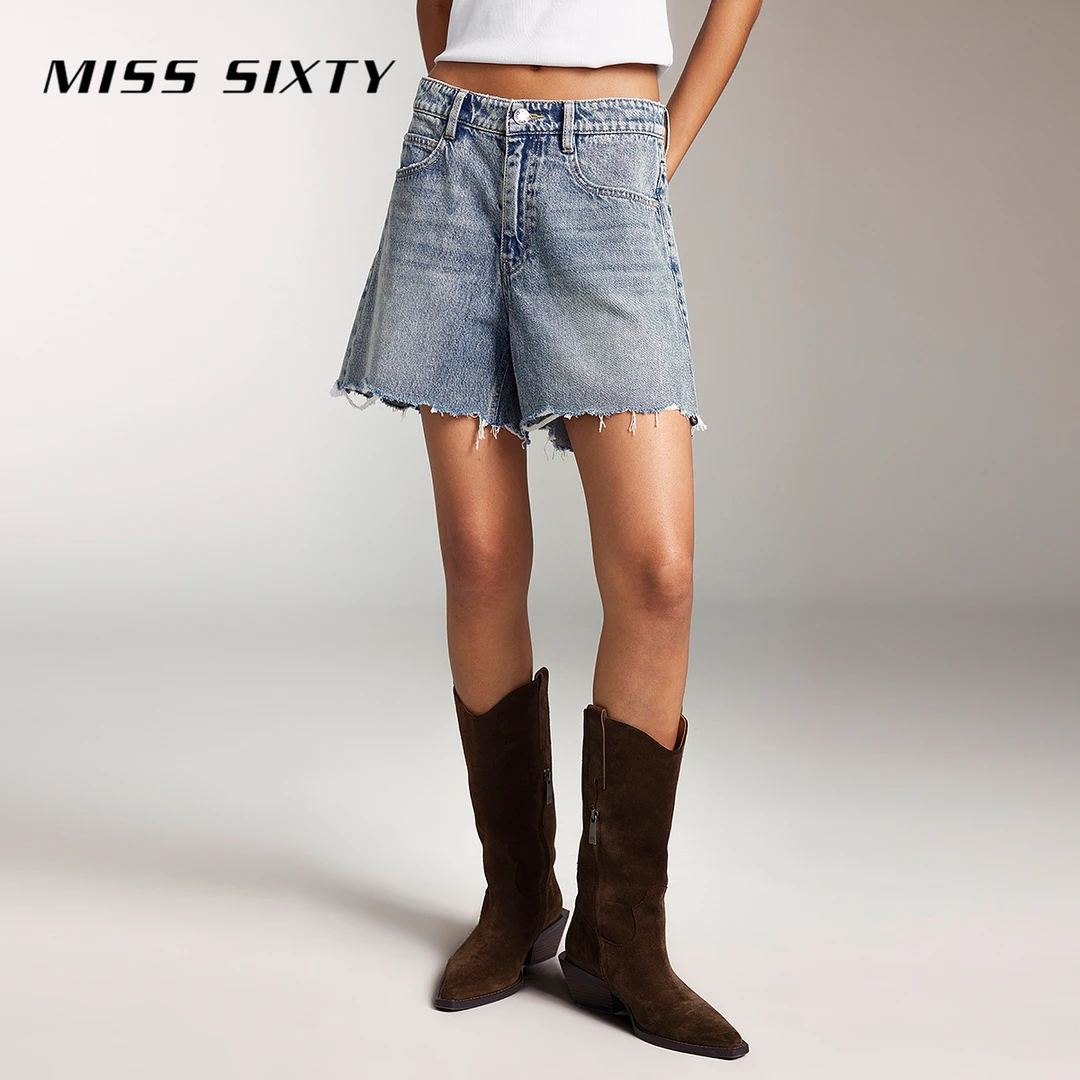Miss Sixty秋季新款牛仔短裤女复古印花高腰显瘦磨破直筒裤