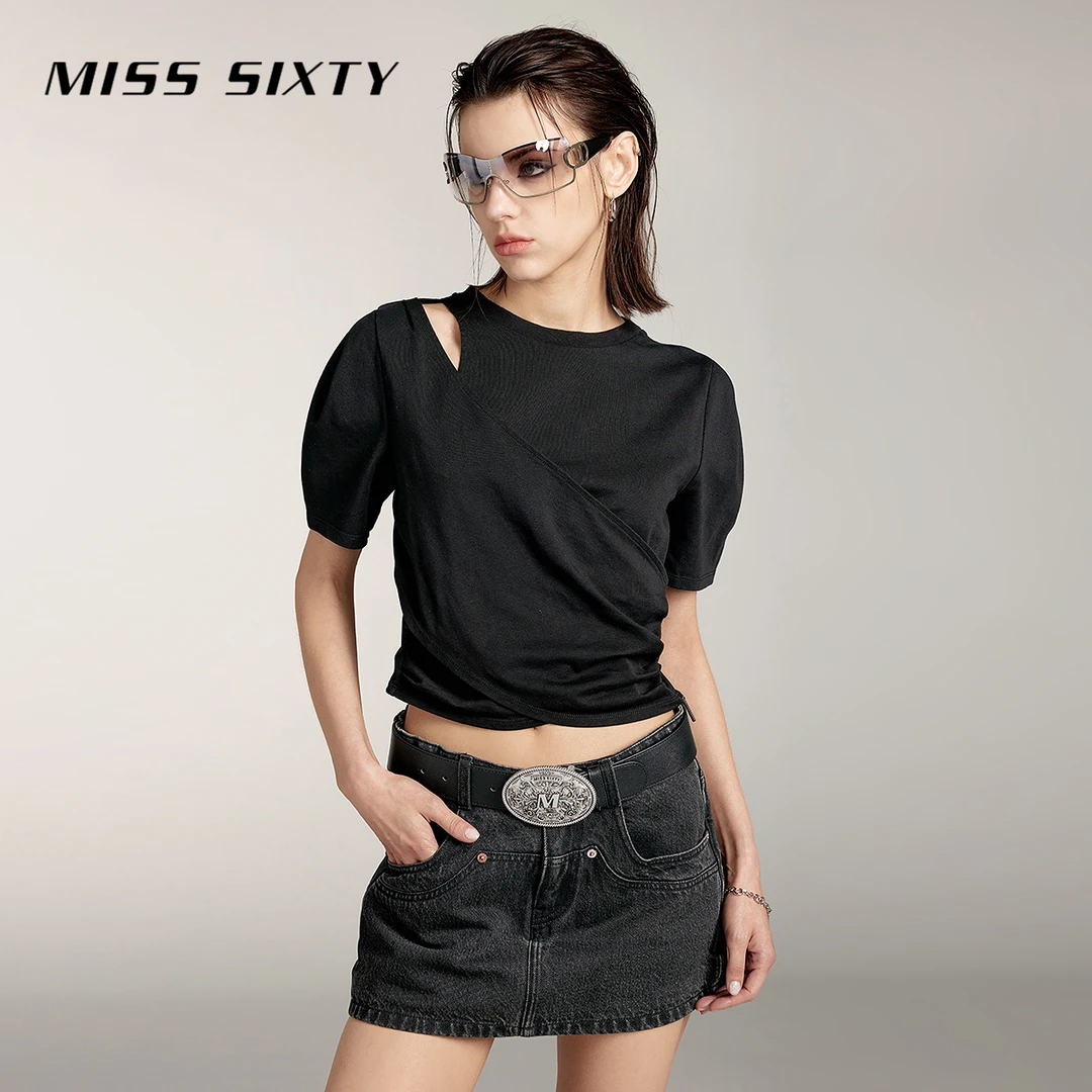 Miss SixtyT恤女黑色短袖褶皱设计圆领露肩挖肩性感百搭纯棉上衣