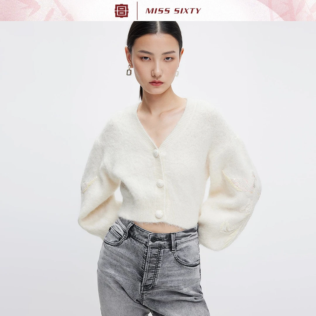 Miss Sixty钉珠刺绣短款毛织开衫针织灯笼袖套头毛衣