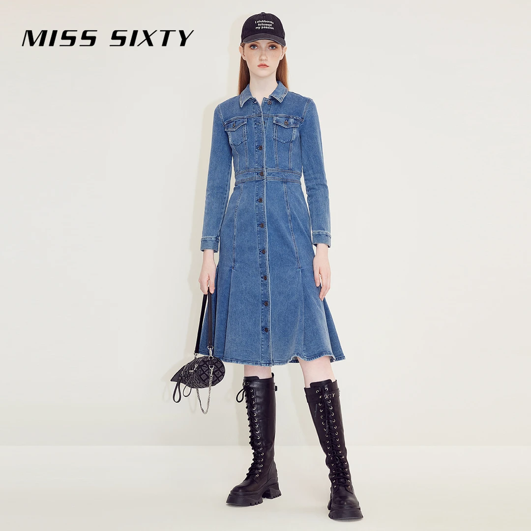 MISS SIXTY新款显瘦牛仔连衣裙单排扣褶边风感波粒