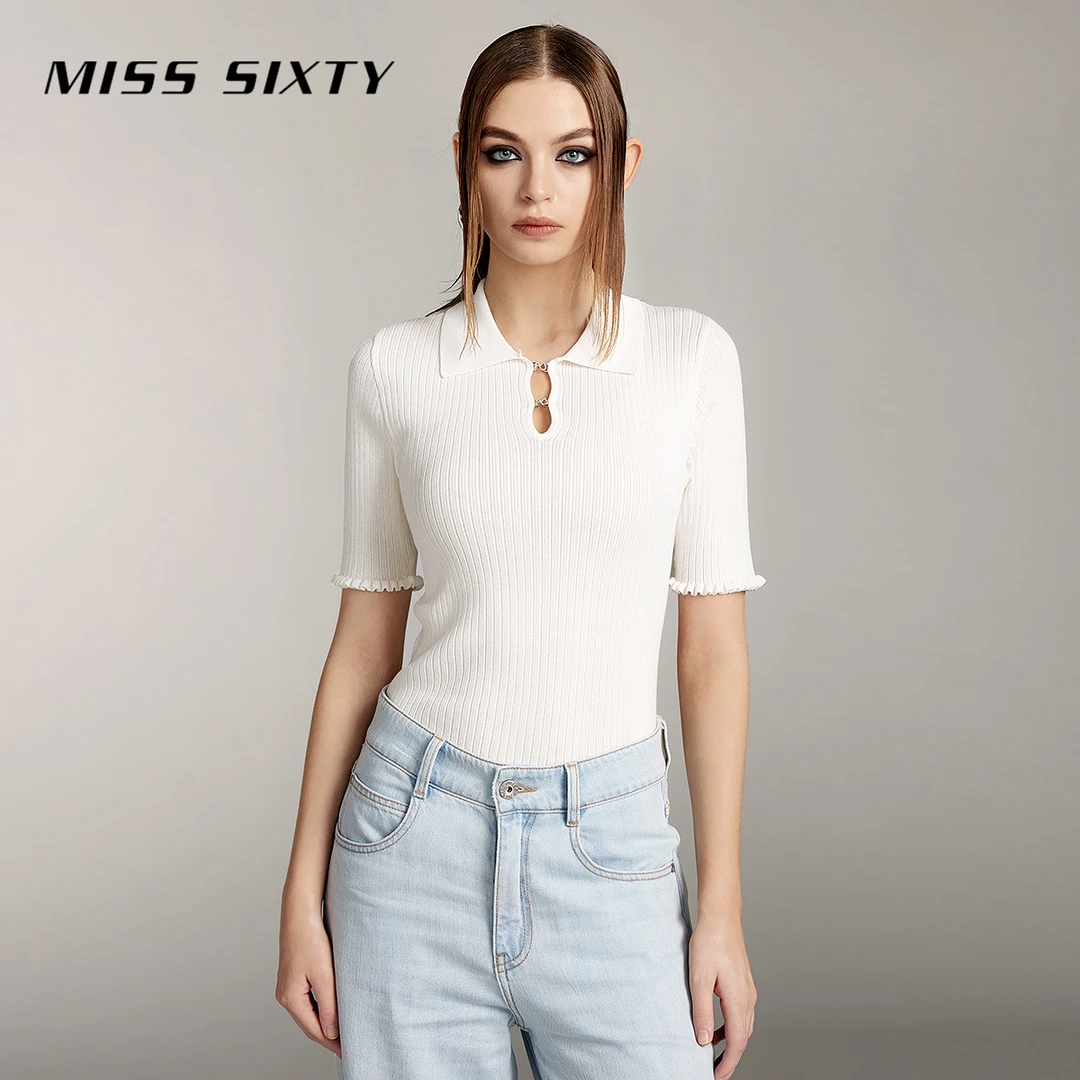 Miss Sixty夏季套头衫女弹力毛织木耳花边优雅新中式辣妹装