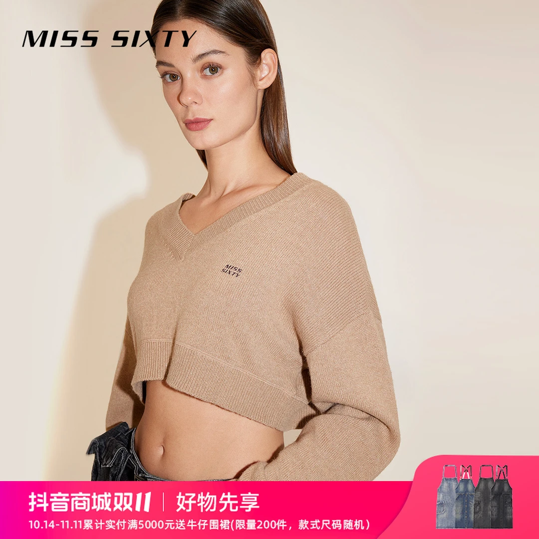 Miss Sixty2024春季新款毛织衫女V领短款绣花辣妹风上衣雅丹风